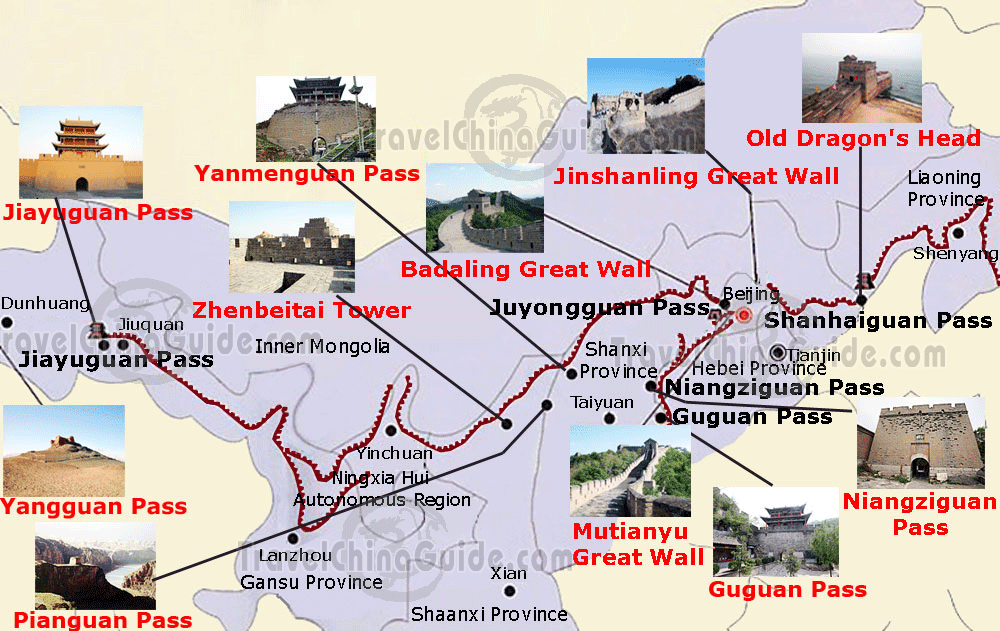 Mapa Wielkiego Muru z najważniejszymi fragmentami fortyfikacji  [Travel China Guide]