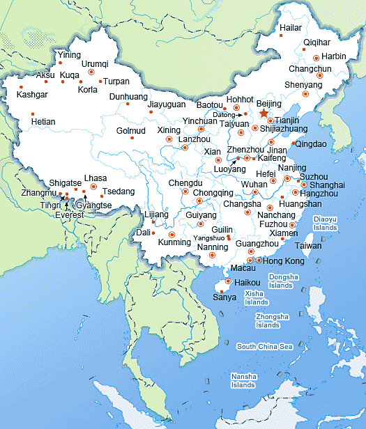 A clear China map with all main large cities, rivers and neighbour countries