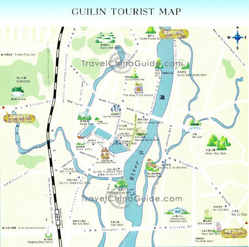 Guilin tourist map with major scenic spots, hotels