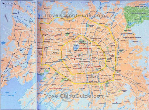 Kunming map with major attractions, hotels
