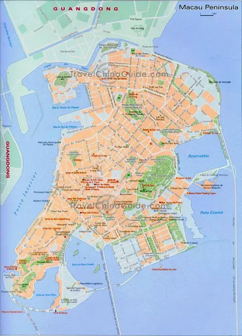 Macau map with main streets, attractions, hotels