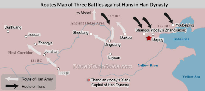Routes Map of Three Battles against Huns in Han Dynasty