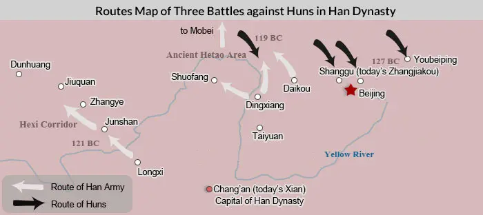 Routes Map of Three Battles against Huns in Han Dynasty