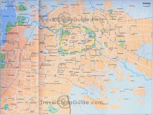 Anhui Hefei Map with main streets, attractions