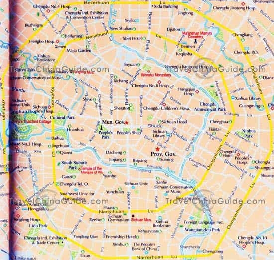 Chengdu Map with main roads, scenic spots
