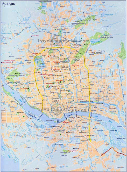 Fuzhou Map with main streets, attractions
