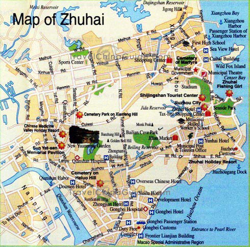 Zhuhai map with main roads, scenic spots