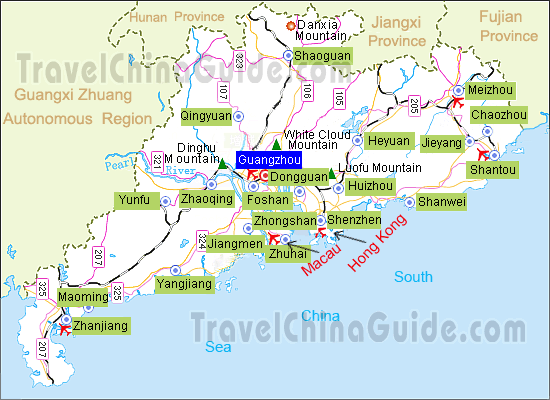 Guangdong Map with major cities and scenic spots