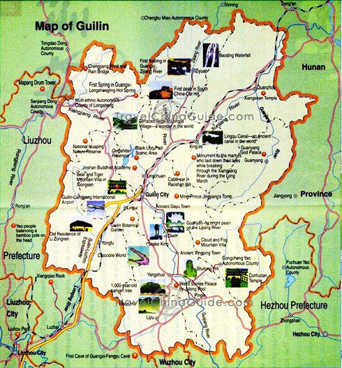 Guilin map with its districts, major attractions and neighboring cities