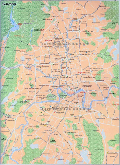 Guiyang map with main streets, scenic spots