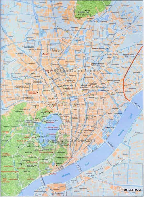 Hangzhou Map with main roads, scenic spots