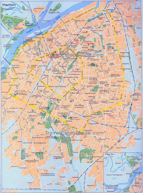 Heilongjiang Harbin Map with main streets, attractions