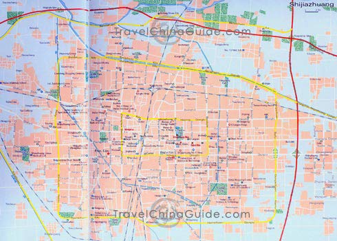 Shijiazhuang map with main streets, buildings, scenic spots