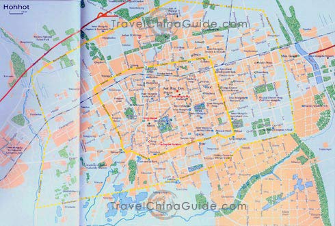 Inner Mongolia Hohhot map with main streets, buildings, scenic spots