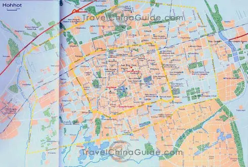 Inner Mongolia Hohhot map with main streets, buildings, scenic spots