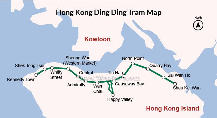 Map of Hong Kong Ding Ding Tram Running Route