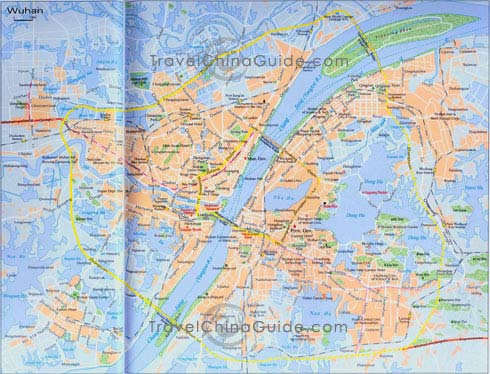 Wuhan map with main streets, railway, scenic spots