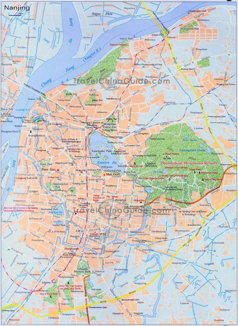 Nanjing map with main roads, buildings, attractions