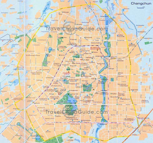 Changchun map with main roads, attractions