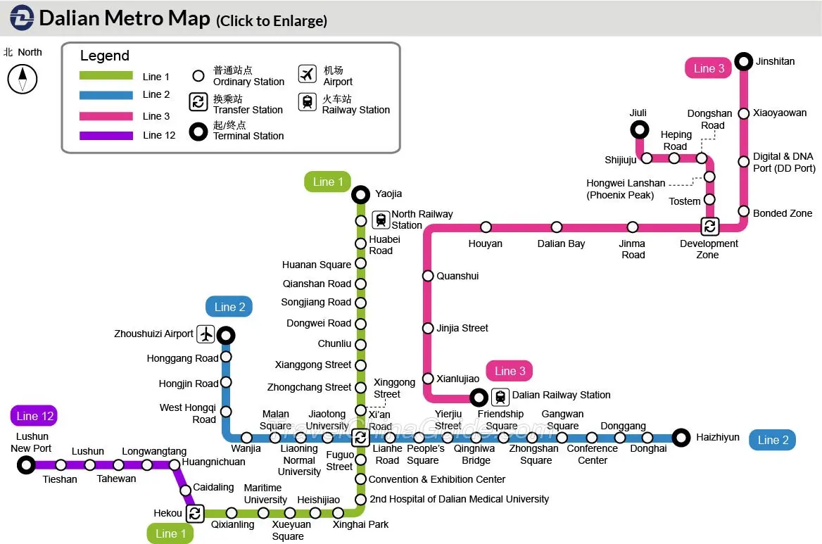 Dalian Metro Map: Subway Lines, Stations, Transfers
