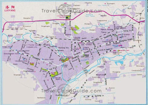 Luoyang downtown map with major roads, buildings and attractions