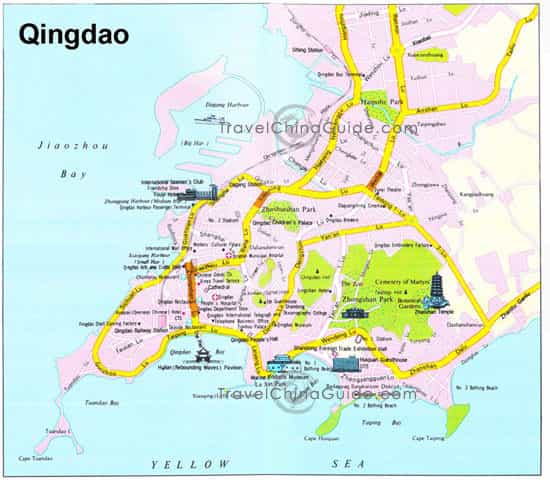 Qingdao Map with main roads, scenic spots