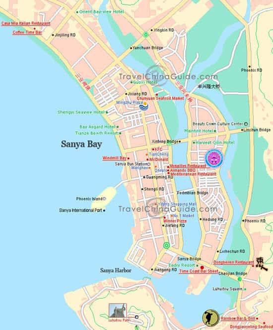 Sanya map with scenic spots, hotels and main streets