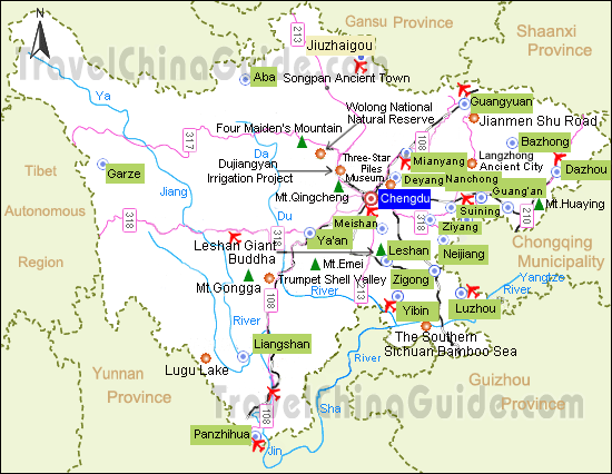 Sichuan map with major cities and scenic spots