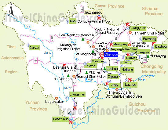 Sichuan map with major cities and scenic spots