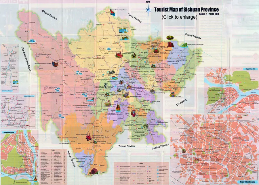 Sichuan tourist map with main scenic spots