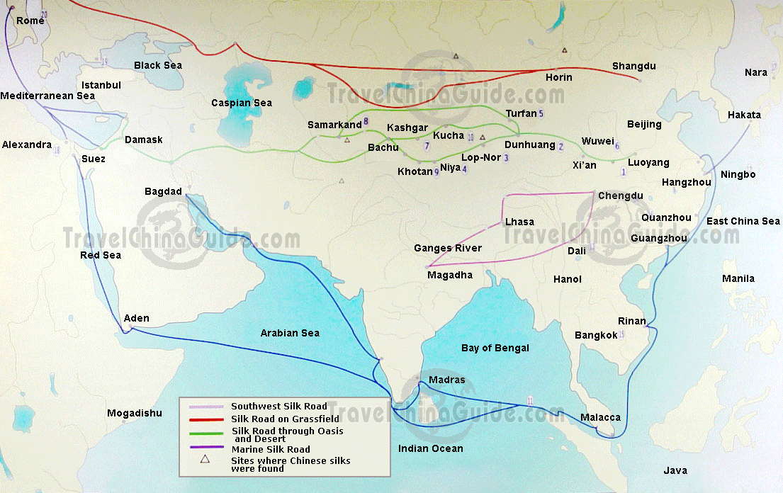 China Routes Of Trade Silk Roads With Map