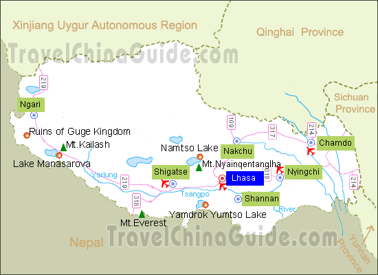 Tibet map with major cities and attractions