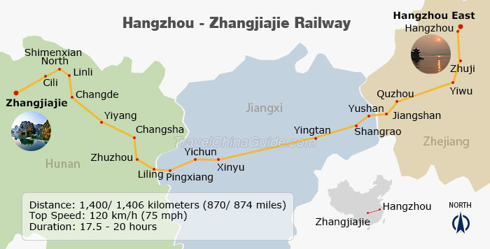 Hangzhou - Zhangjiajie Railway Map