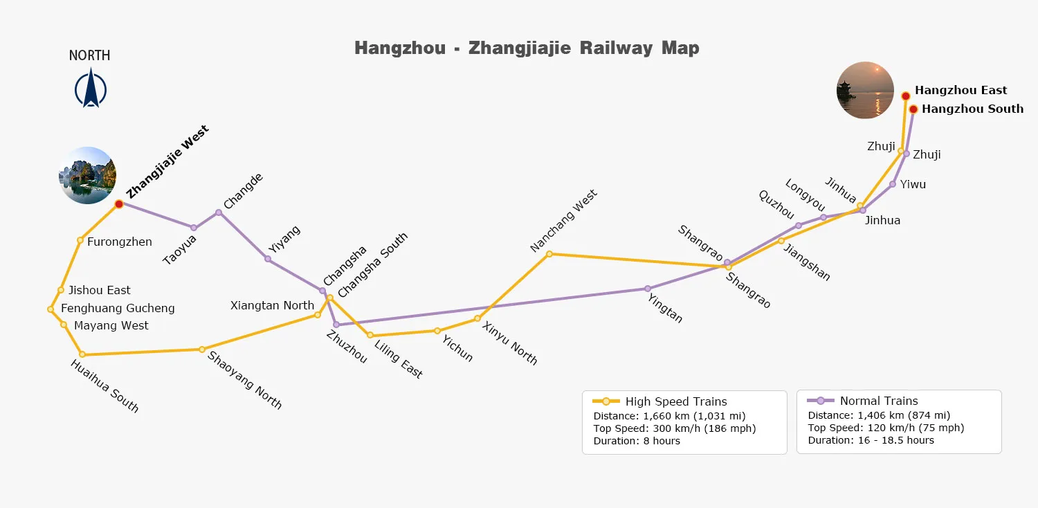 Hangzhou - Zhangjiajie Railway Map