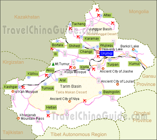 Xinjiang map with major cities and scenic spots