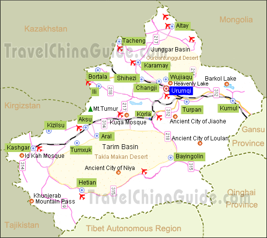 Urumqi Xinjiang China Map Xinjiang Maps: Tourist Sites, Turpan