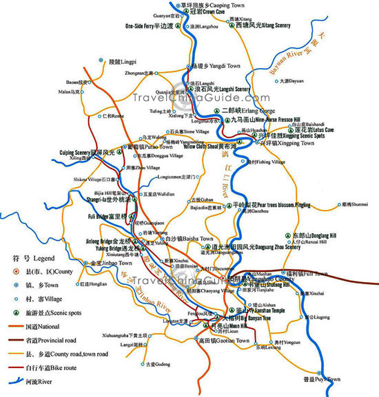 Yangshuo travel map with main scenic spots