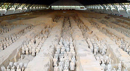 Photo of long rows of terracotta warriors, under a massive modern roof to protect them from the elements.