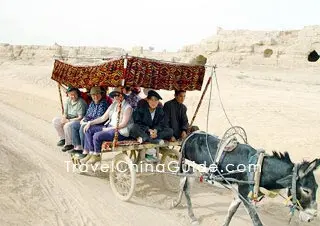 The visitors are enjoying the mysterious scenery by donkey taxi.