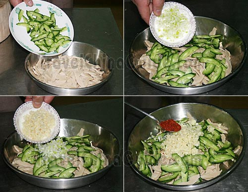 Mix the Cucumber and Wheat Gluten Slices, ans Add in the Chopped Garlic and Greeen Onion