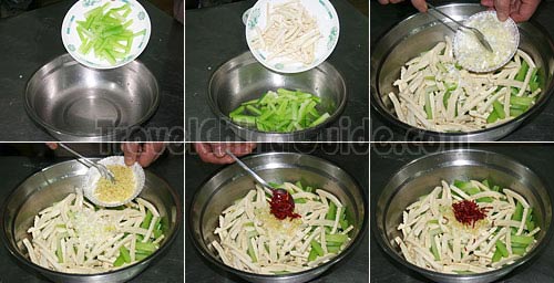 Mix the Celery, Dry Bean Curd, Ginger, Green Onion and Chili Shreds