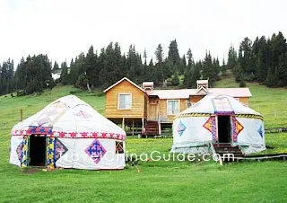 Tents at the bank of the Sayram Lake