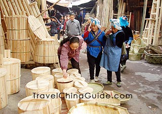 Wood barrels and bamboo baskets sold at Sunday Market 