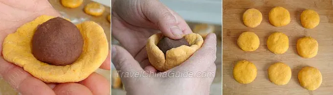 wrap the red bean paste into the kaki cakes