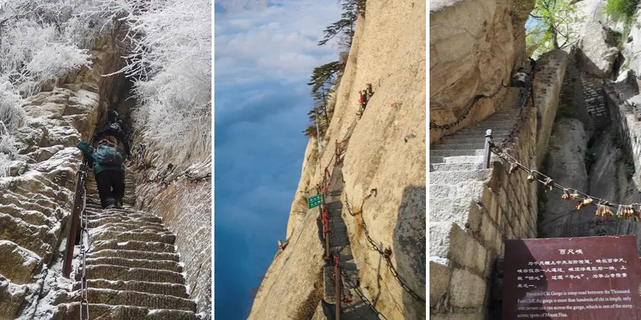 Mt Huashan China, Steep steps to the mountain top. Carved t…