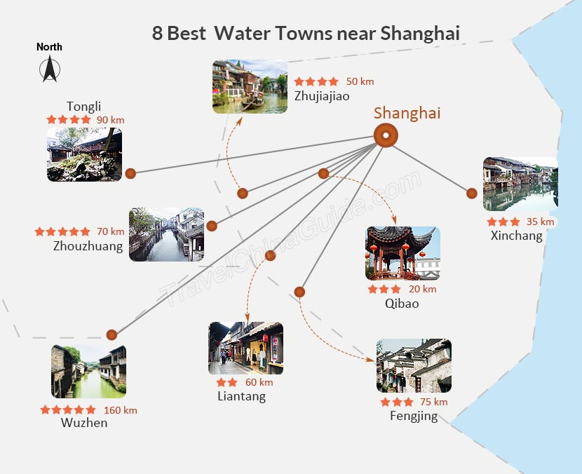 Map of 8 Best Water Towns near Shanghai