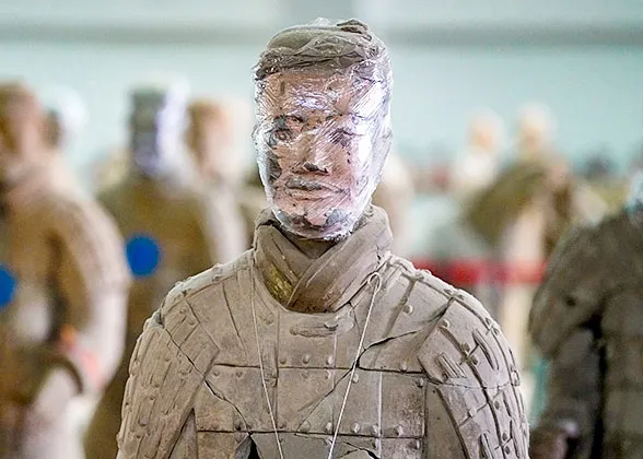 Terracotta Warrior Wrapped in Plastic Film