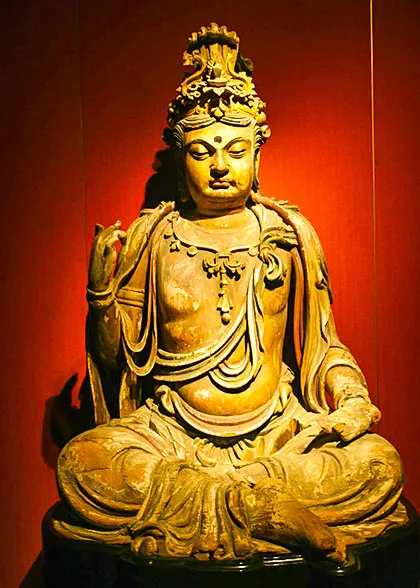 Lacquered, colored and gilded wooden Avalokitesvara