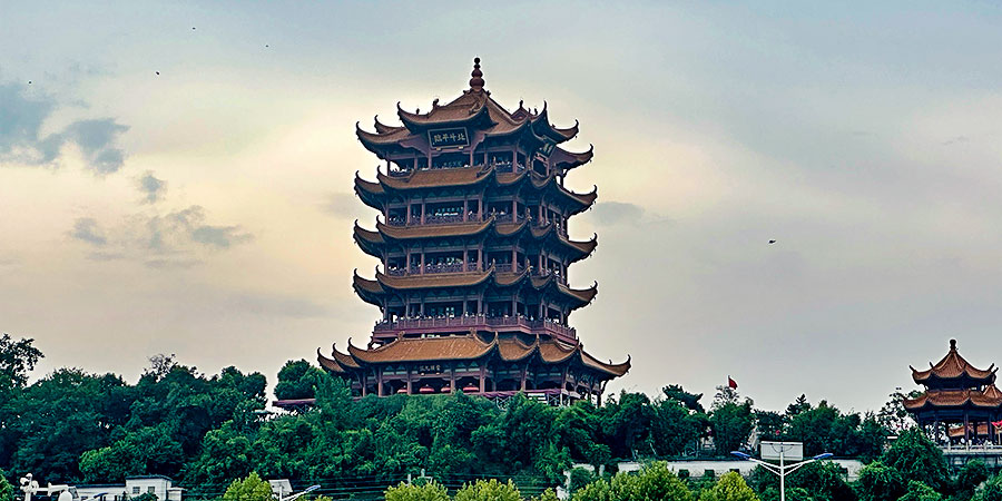 Yellow Crane Tower on Overcast Day